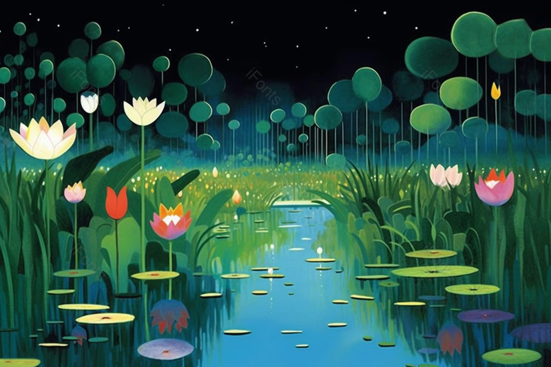 夏天夜晚荷花池风景手绘插画,插画/手绘图,插画/手绘图库,插画/手绘图下载,插画/手绘